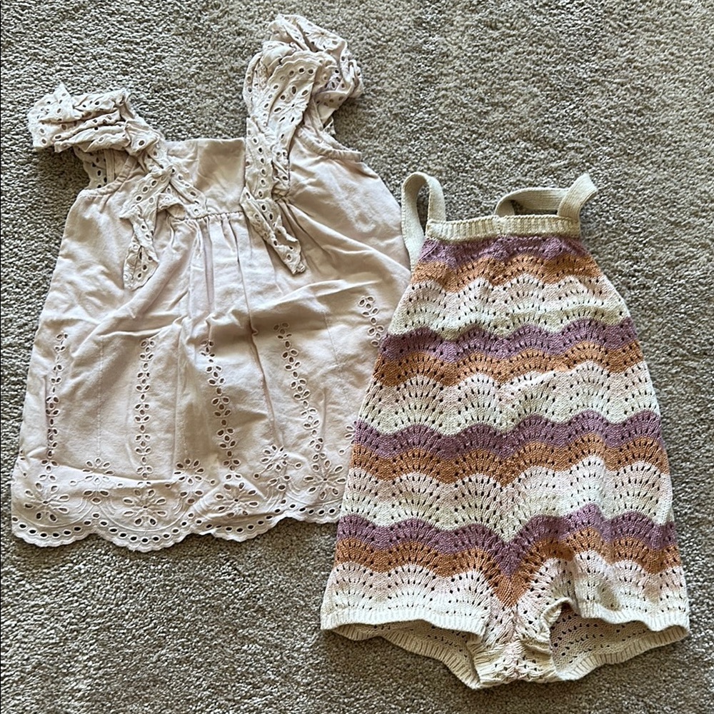 Pink Eyelet Dress and Knit Romper Set